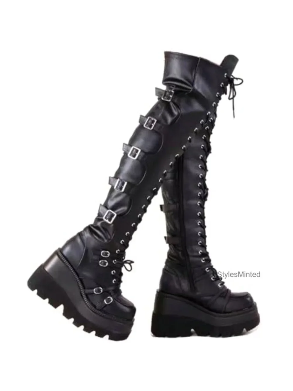 Thigh High Platform Boots for Women Chunky Heel Over Knee Lace Up Side Zip Goth